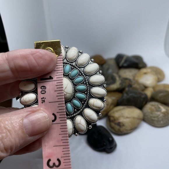 Southwest Turquoise White Buffalo large concho stone silver cuff bracelet Oval - Picture 6 of 9